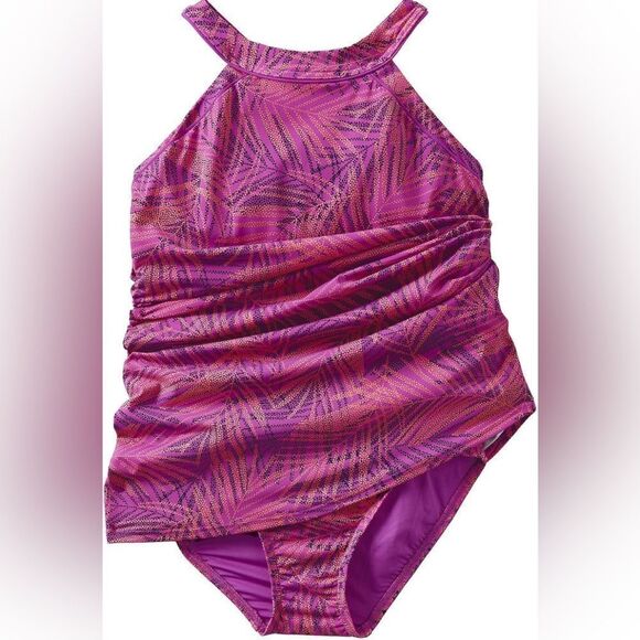 Land’s End Plus Size High 1 piece swim suit Violet Rose Stipple Palm Print Var - Picture 3 of 7